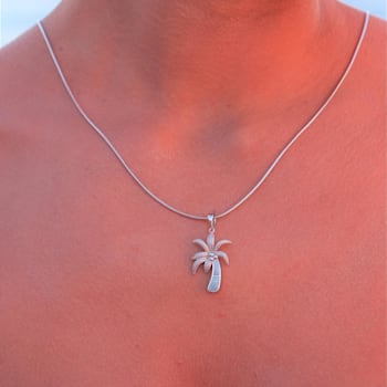 Textured Larimar Palm Tree Rhodium Over Sterling Silver Adjustable Necklace