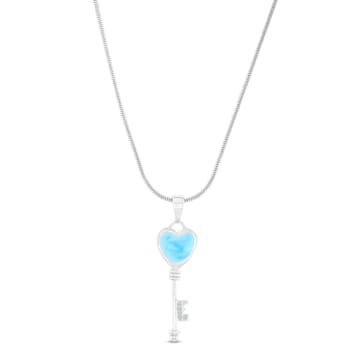 Larimar Heart and Key Rhodium Over Sterling Silver Adjustable Necklace