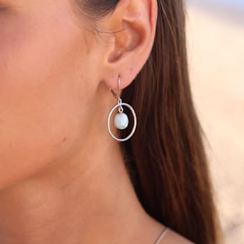 Larimar Ball Open Circle Rhodium Over Sterling Silver Leverback Earring