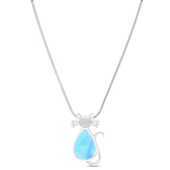 Larimar and Cubic Zirconia Cat Rhodium Over Sterling Silver Adjustable Necklace