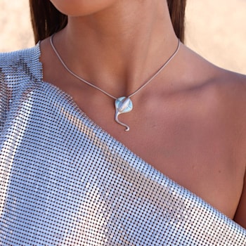 Larimar Textured Stingray Rhodium Over Sterling Silver Adjustable Necklace