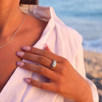 Larimar and Cubic Zirconia Mosaic Rhodium Over Sterling Silver Ring