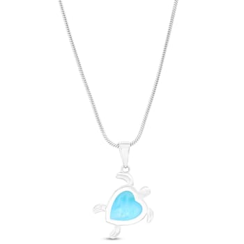 Heart Larimar Turtle Rhodium Over Sterling Silver Adjustable Necklace