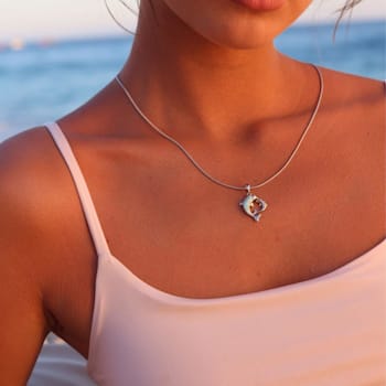 Larimar and Cubic Zirconia Mama/Baby Dolphin Rhodium Over Sterling
Silver Adjustable Necklace