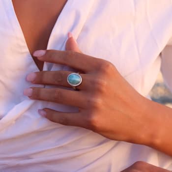 Larimar and Cubic Zirconia Rhodium Over Sterling Silver Halo Ring