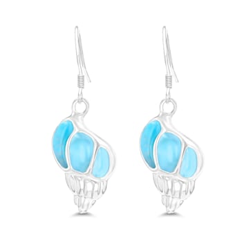 Larimar Seashell Rhodium Over Sterling Silver Fishhook Earring