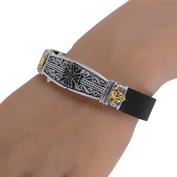 Konstantino Plato Sterling Silver 18K Yellow Gold and Leather and Spinel Bracelet