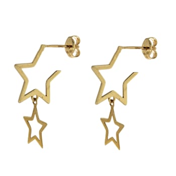 18K Solid Yellow Gold Double Open Dangling Stars Post Earrings