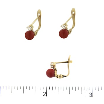18K Yellow Gold Coral and Cubic Zirconia Leverback Earrings