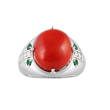 Ox Blood Red Coral, Emerald and Diamond 18K White Gold Ring 13.09 ctw