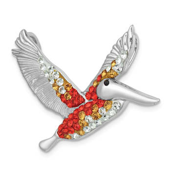Rhodium Over Sterling Silver Polished Orange Crystal Pelican Slide Pendant