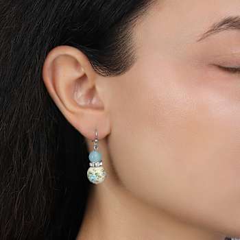 Silver Tone Blue & Blue Rose Beads Drop Earrings