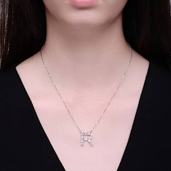 Initial R Mixed Cut CZ Pendant Necklace In Sterling Silver 18 Inch