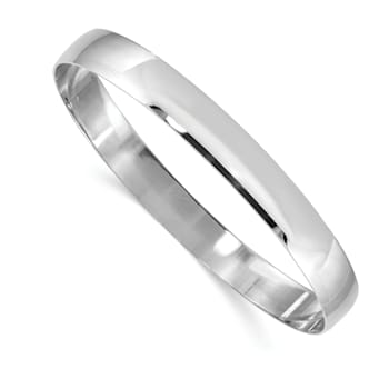 Rhodium Over 14k White Gold 8mm Solid Polished Half-Round Slip-On Bangle