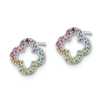 Rhodium Over Sterling Silver Rainbow Crystal Clover Post Earrings