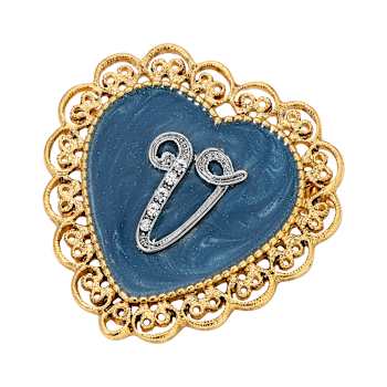 Gold Tone Filigree Heart Blue Enamel Initial Pin