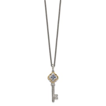 Sterling Silver Antiqued with 14K Accent Sapphire and Diamond Key Necklace