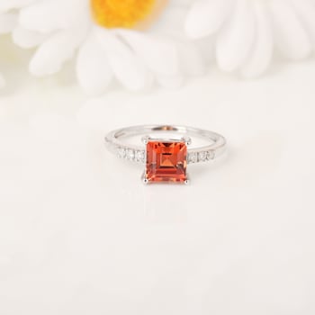 Peach Orange Lab Created Padparadscha Sapphire Rhodium Over Sterling
Silver with Moissanite Ring