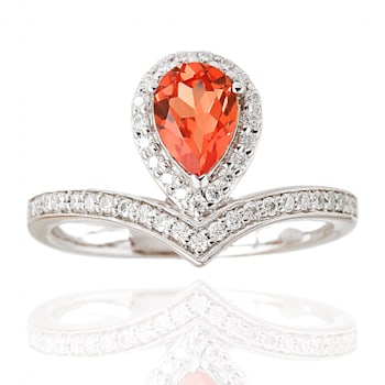 Peach Orange Lab Created Pear Shaped Padparadscha Sapphire &
Moissanite Rhodium Over Silver Ring