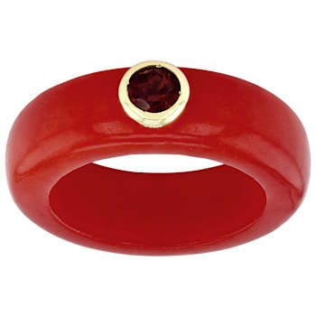 Red Jadeite And Red Garnet Band Ring In 18K Gold Over Sterling Silver 0.29ctw