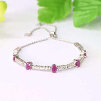 Oval Ruby and White Zircon Sterling Silver Bolo Bracelet