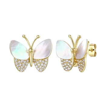 Mother-Of-Pearl And CZ Butterfly Stud Earrings In 14K Gold Over Brass