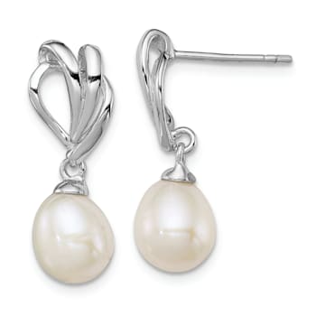 Rhodium Over Sterling Silver 7-8mm White Freshwater Cultured Pearl Post
Dangle Earrings