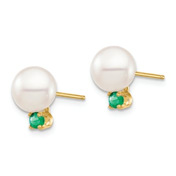 14K Yellow Gold 7-7.5mm White Round Freshwater Cultured Pearl Emerald
Post Earrings
