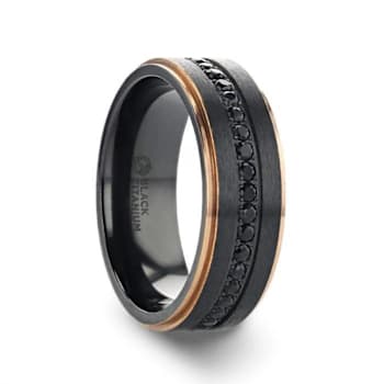 ASTRO Flat Brushed Black Titanium Ring with Rose Gold Plated Edge and
Black Sapphire Settings 8mm