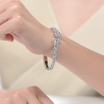 Panther CZ Cuff Bracelet In White Rhodium Over Brass