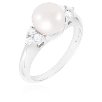 White Cultured Freshwater Pearl Ring Rhodium Over Silver