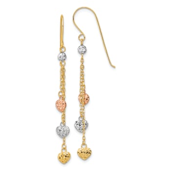 14k Yellow Gold, 14k White Gold and 14k Rose Gold Diamond-Cut Triple
Heart Dangle Earrings
