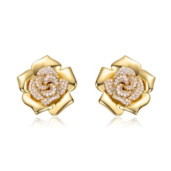 Pave CZ Flower Stud Earrings In 14K Gold Over Brass
