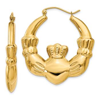 14k Yellow Gold Polished 1 3/8" Claddagh Hoop Earrings