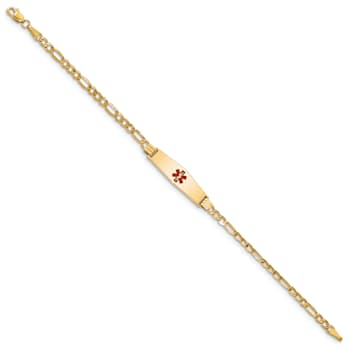 14k Yellow Gold Medical Soft Diamond Shape Red Enamel Figaro Link ID Bracelet