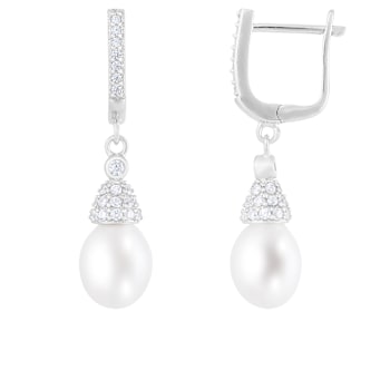 8.5-9mm White Cultured Freshwater Pearl and Cubic Zirconia Rhodium Over
Sterling Silver Earrings
