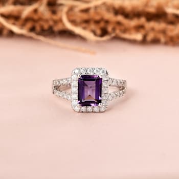 Amethyst with Moissanite Accents Rhodium Over Sterling Silver Split
Shank Ring