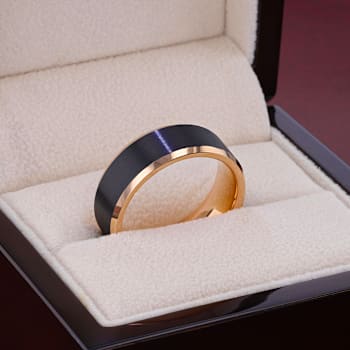 HAYDEN Rose Gold Plated Tungsten Polished Beveled Ring with Brushed
Black Center 8mm