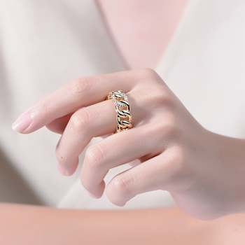CZ Pave Chain Band Ring In 14K Gold Over Brass