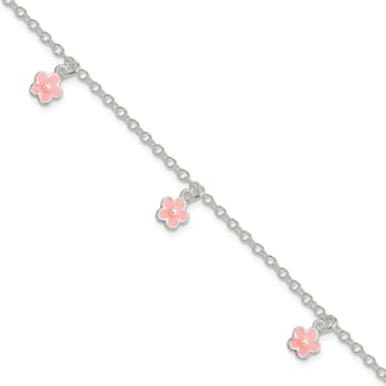 Sterling Silver Pink Enamel Flowers with 1.5-inch Extension Children's Bracelet
