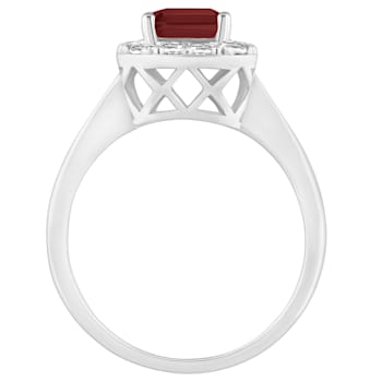 8x6mm Emerald Cut Garnet And White Topaz Accents Rhodium Over Sterling
Silver Halo Ring