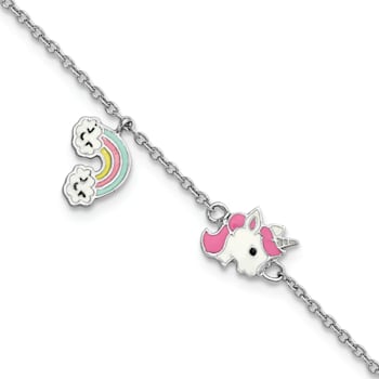 Rhodium Over Sterling Silver Enamel Unicorn and Rainbow with 1-inch
Extension Children's Bracelet