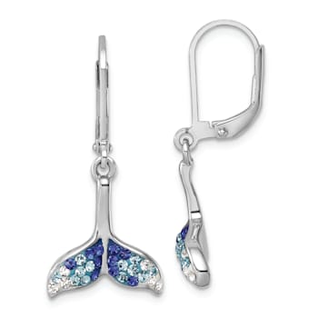 Rhodium Over Sterling Silver Polished Crystal Whale Tail Dangle Earrings