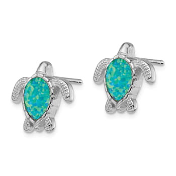 Rhodium Over Sterling Silver Green Lab Created Opal Turtle Post Earrings