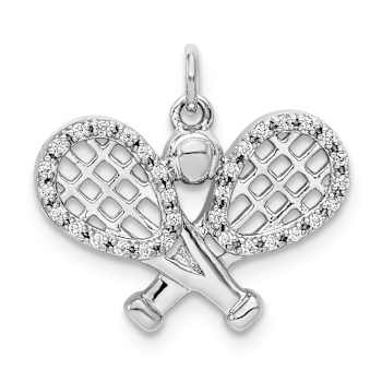 Rhodium Over 14k White Gold Textured Diamond Rackets and Ball Pendant