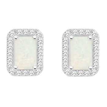 6x4mm Emerald Cut Opal 1/5 ctw Diamond Rhodium Over Sterling Silver Halo
Stud Earrings