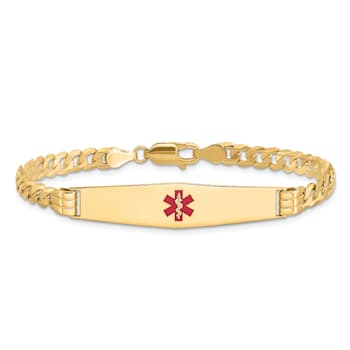 14k Yellow Gold Medical Soft Diamond Shape Red Enamel Curb Link ID Bracelet