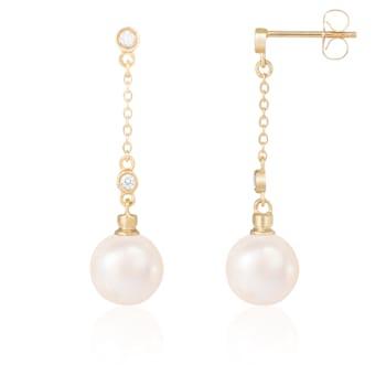 7-7.5mm Akoya Pearl with Diamond Accent 14K Yellow Gold Dangling Chain
Earrings, 0.12ctw