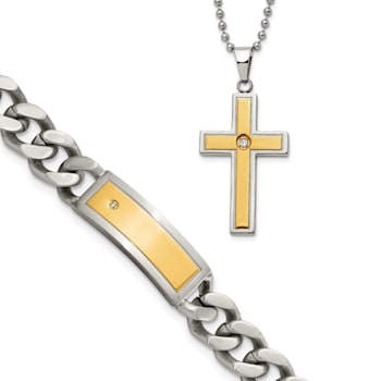White Cubic Zirconia Stainless Steel Yellow IP-plated Men's Pendant With
Chain And Bracelet
