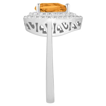 8x5mm Pear Shape Citrine And White Topaz Accents Rhodium Over Sterling
Silver Double Halo Ring
